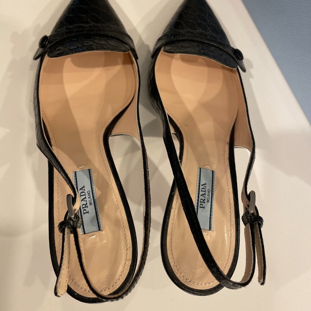 Prada Black Croc-Embossed Slingback Pointed Toe Heels with Button Accent - Picture 3 of 10